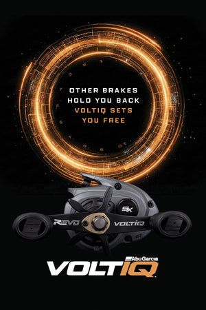 VoltiQ fishing reel by Abu Garcia on a black background with glowing orange circular graphics and the tagline 'OTHER BRAKES HOLD YOU BACK VOLTIQ SETS YOU FREE'.