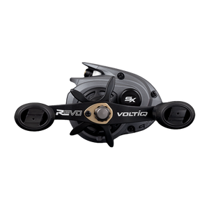An Abu Garcia Revo VoltiQ SX baitcasting reel viewed from the handle side